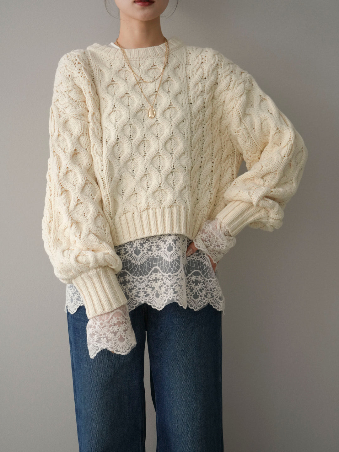 [SET]バルキーケーブルクロップドニットプルオーバー+選べるアクセセット(2set)