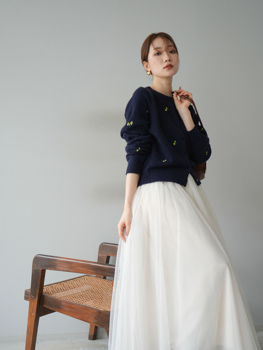 [SET]フラワー刺繍ニットカーディガン+チュールボリュームスカート(2set)