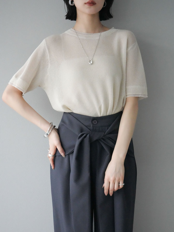 [SET]リネンタッチ配色二重臼ハーフニットトップス+ウエスト巻きデザインワイドパンツ(2set)