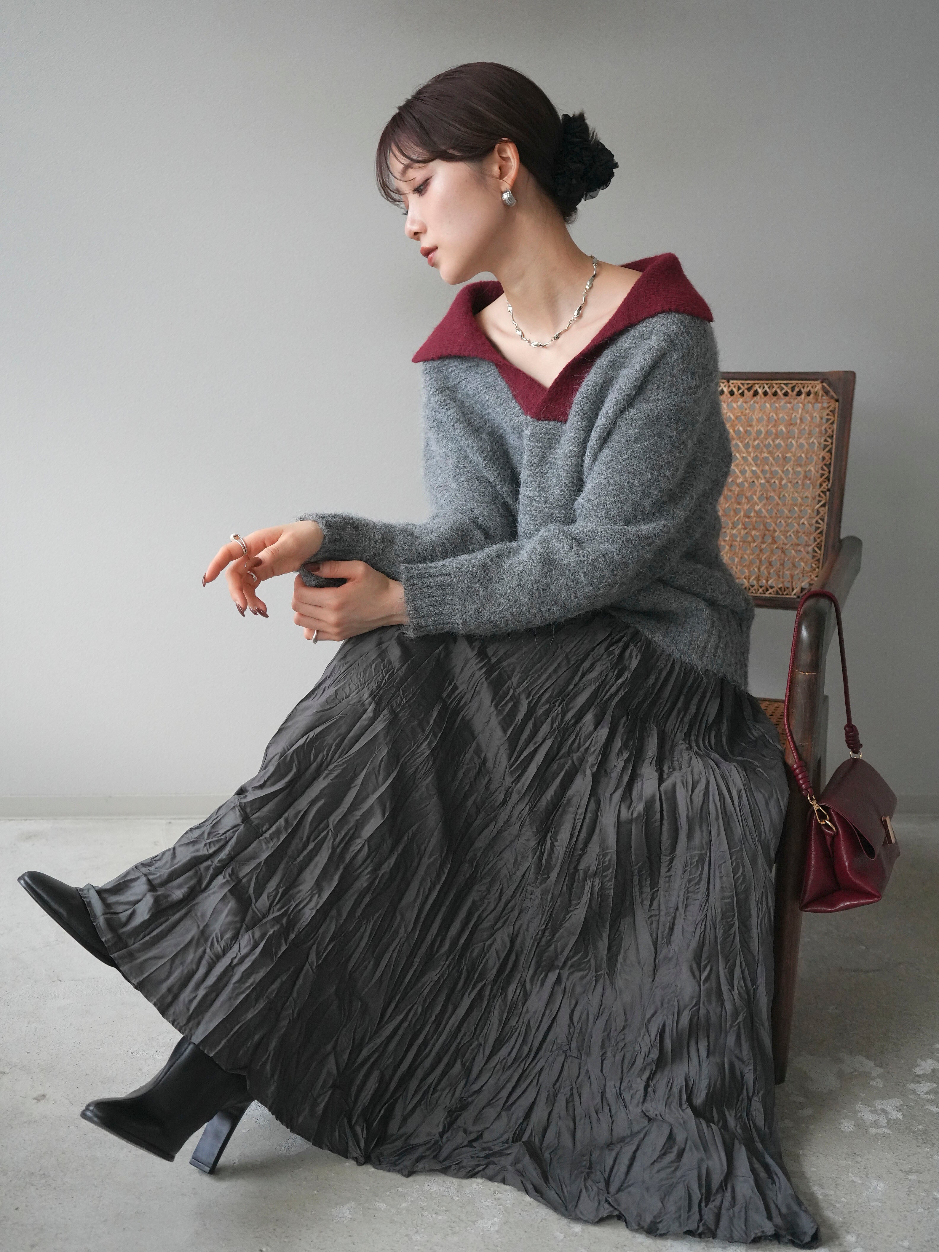 予約]バイカラー襟付きニットプルオーバー/gray – Lumier