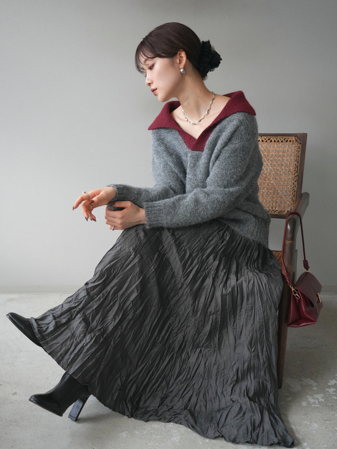 [予約]バイカラー襟付きニットプルオーバー/gray