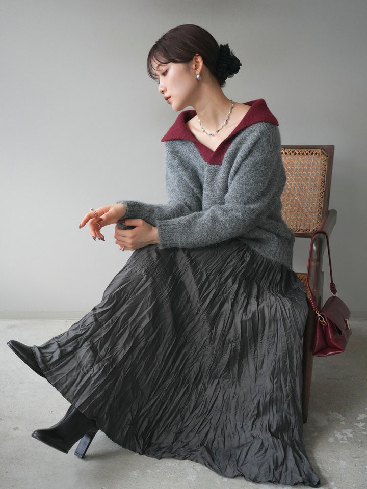 [予約]バイカラー襟付きニットプルオーバー/gray