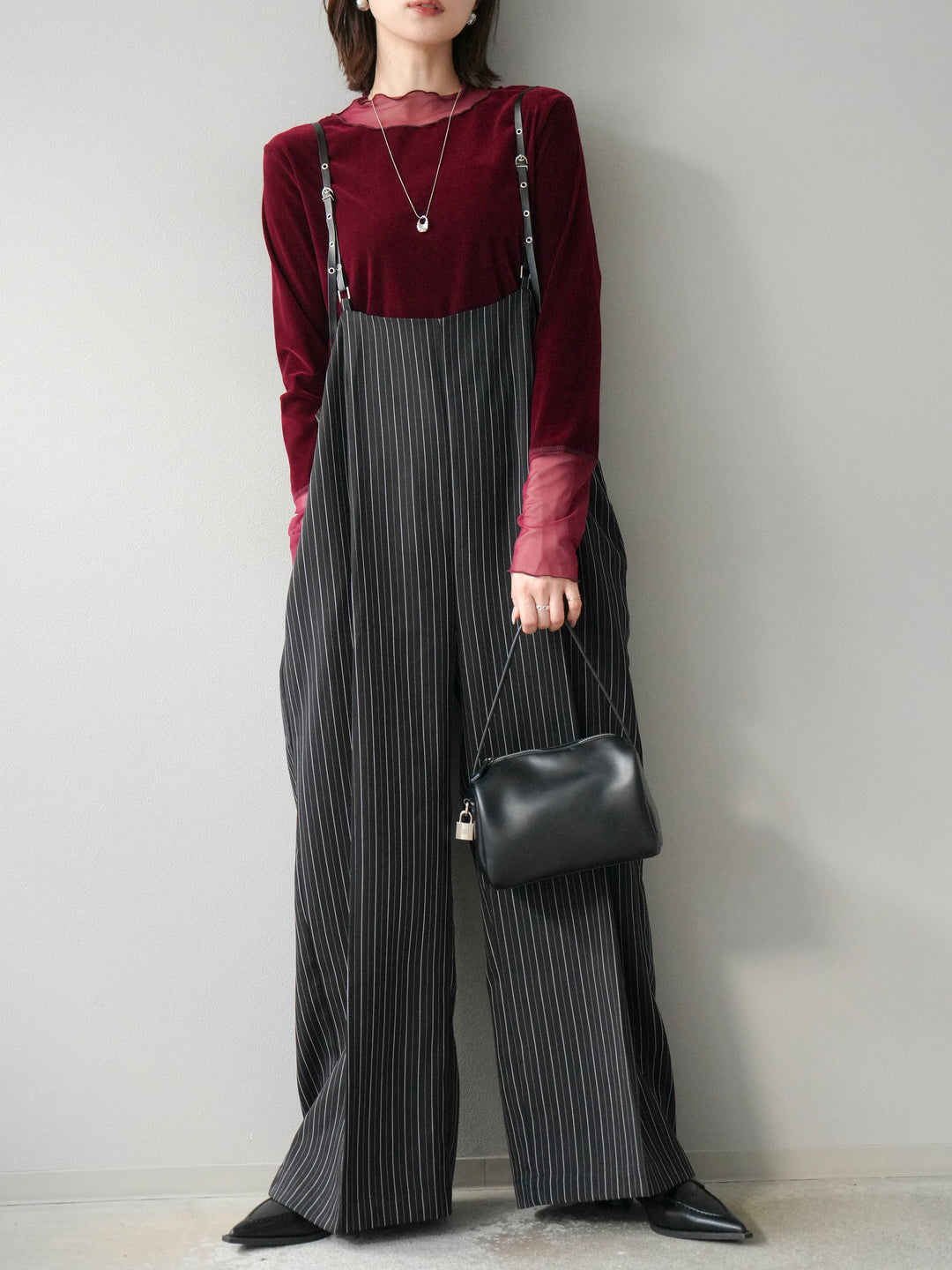 【着回しセット】[SET]ヘリンボーンストライプジレ+シアー切替ベロアトップス+ヘリンボーンストライプサロペット(3set)