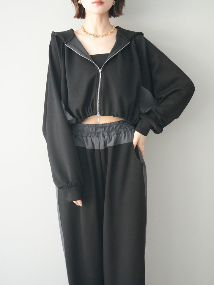 [予約]バイカラー異素材ライトポンチクロップドZIPフーディー/black