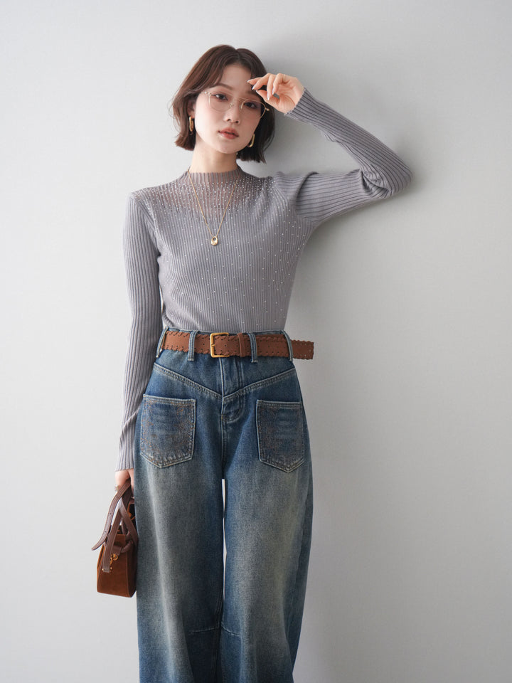 [SET]シアー切替スパンコールリブニットトップス+シアー切替スパンコールリブニットトップス(2set)