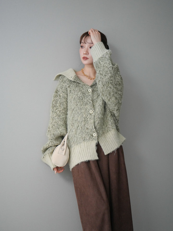 [予約]リブ切替メランジニットカーディガン/green