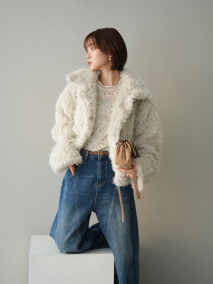 【套裝】短款人造毛領罩衫+磨毛牛仔修身褲（兩件套）