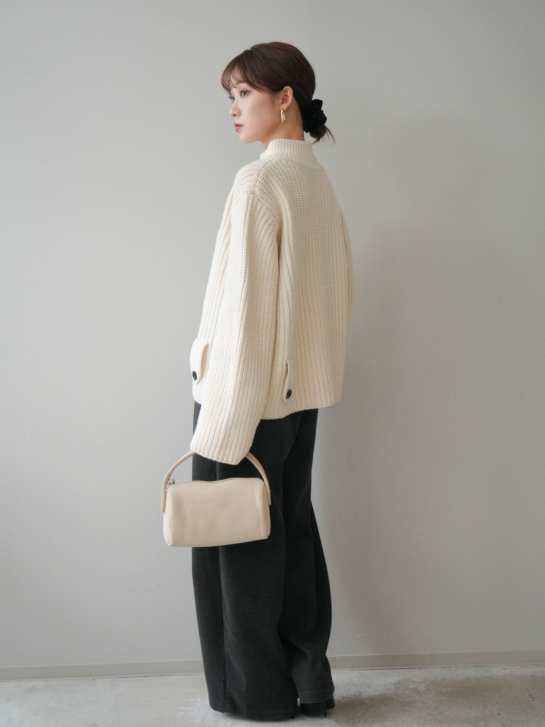 [SET]畦編みボトルネックZIPニットカーディガン+ベルト付裏起毛センターシームカーブパンツ(2set)