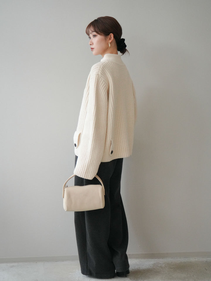 [SET]畦編みボトルネックZIPニットカーディガン+ベルト付裏起毛センターシームカーブパンツ(2set)