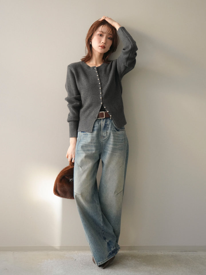 [SET]シルバーボタン畦編みニットカーディガン+ベルト付カーブデニムパンツ(2set)