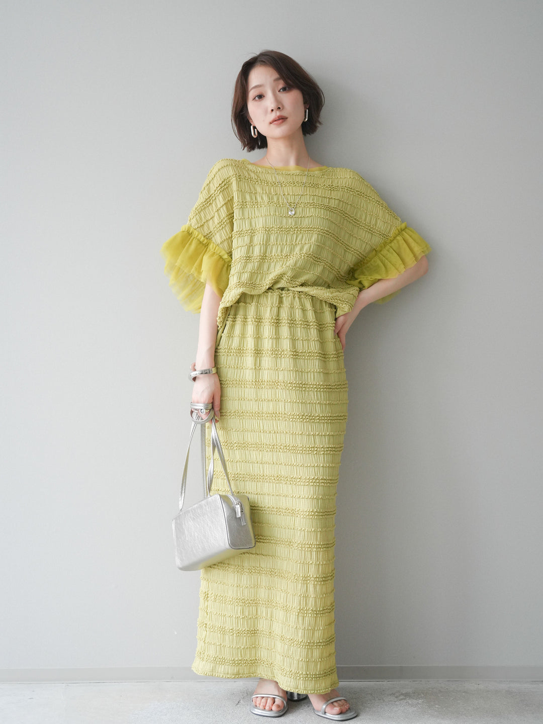 [SET]チュール袖リップルトップス+リップルIラインスカート(2set)