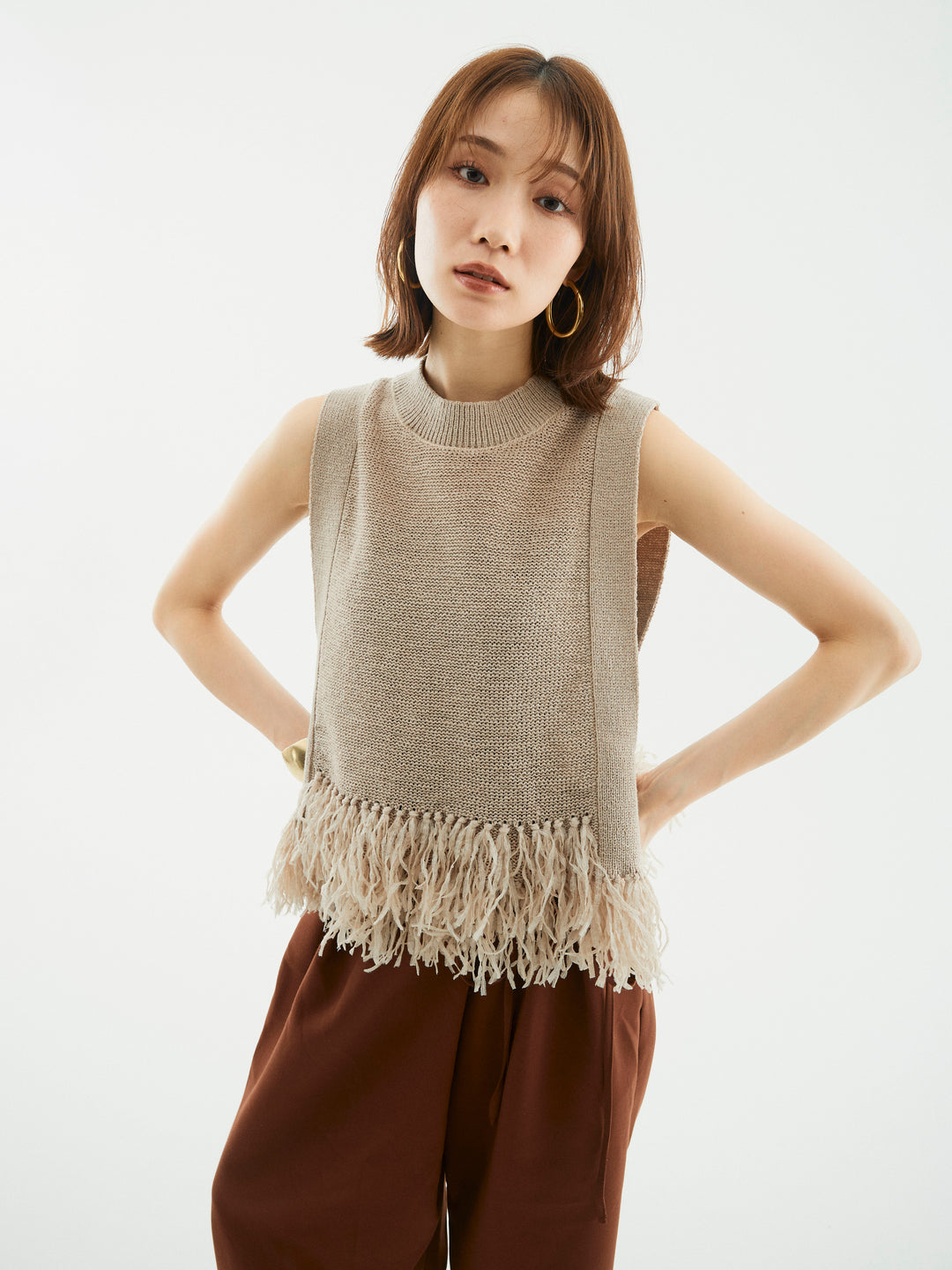 【Allure】[SET]フェザーヤーンニットベスト+ラップデザインタックワイドパンツ(2set)