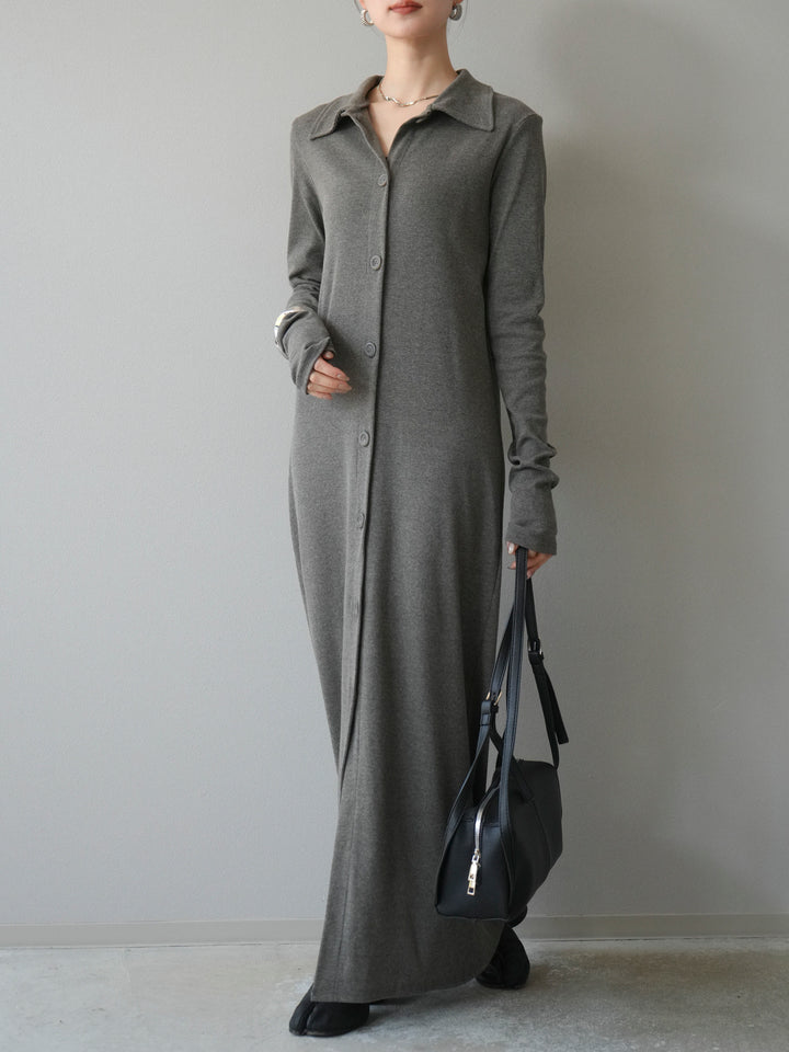 [予約]襟付きカットリブボタンワンピース/チャコール