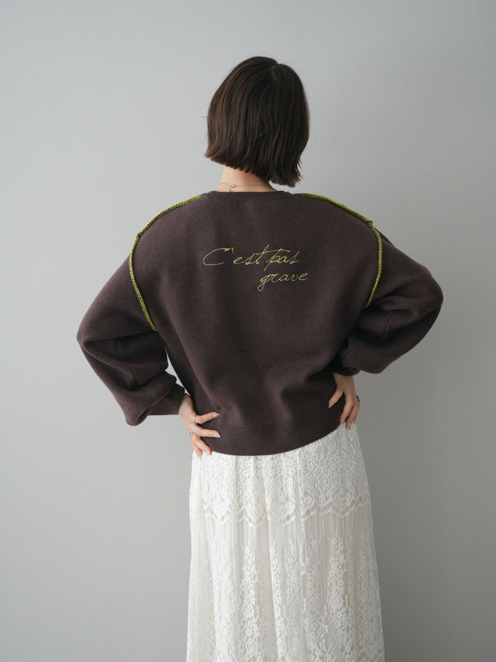 [予約]バックロゴ刺繍配色ステッチニットプルオーバー/brown