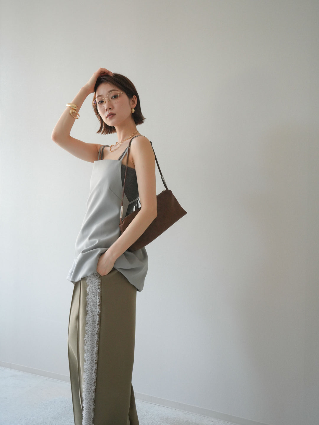 [SET]バックリボンバルーンチュニックキャミ+サイドレースポンチワイドパンツ(2set)