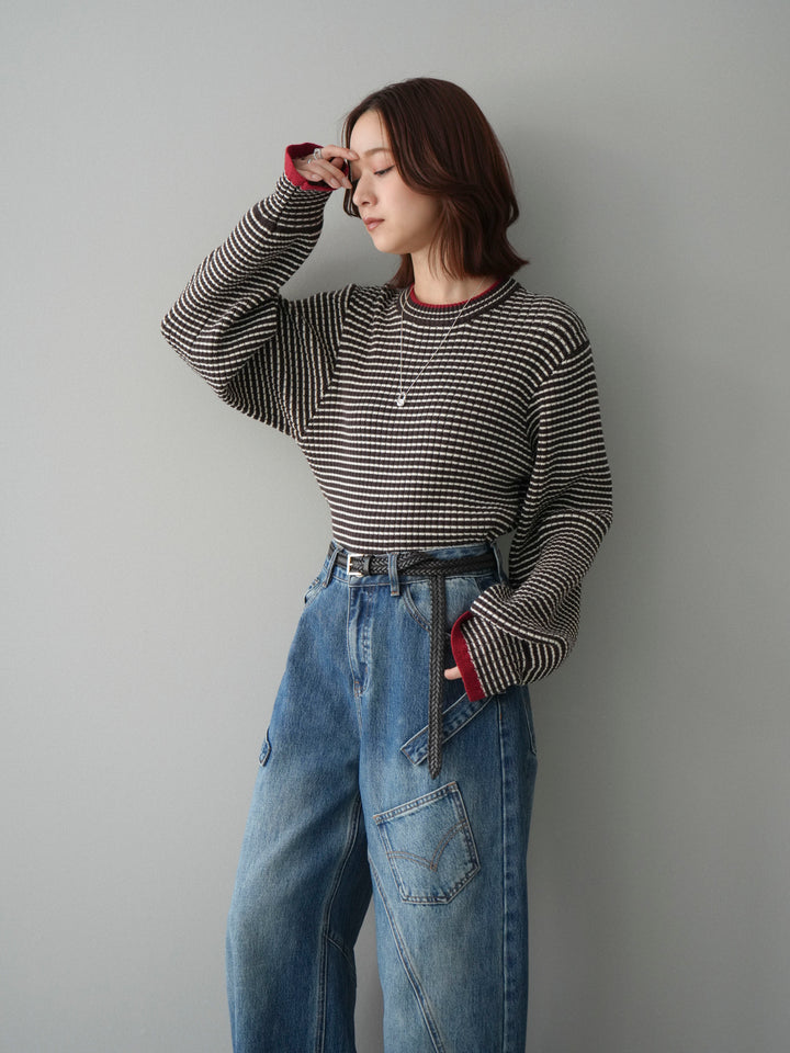 [SET]ラメ異素材ボーダーリブニットプルオーバー+ペインターカーブデニムパンツ(2set)