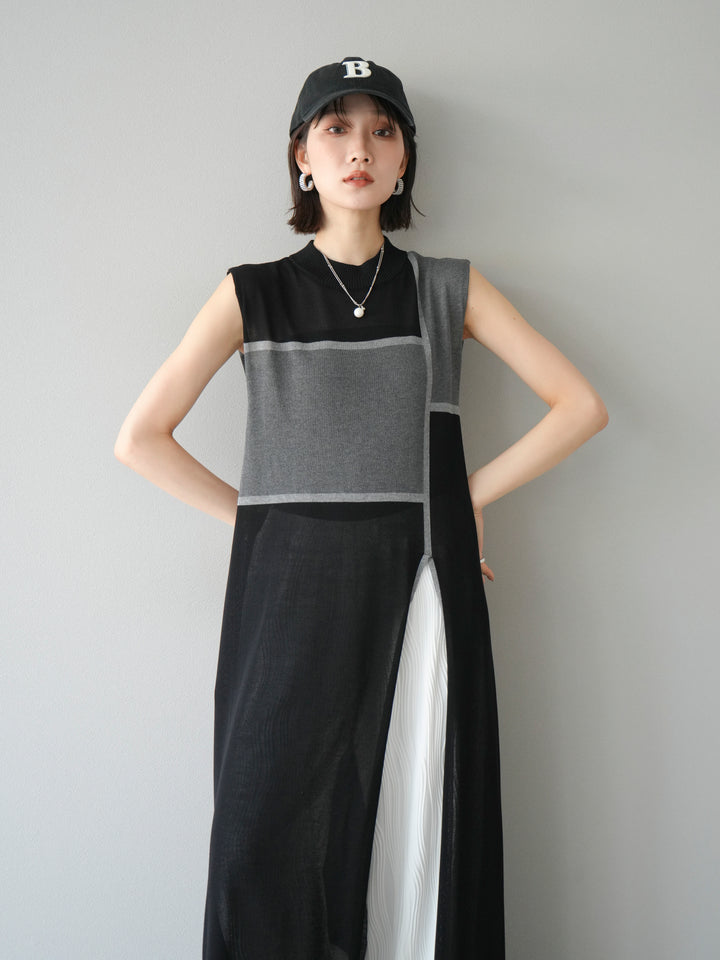 [SET] 配色開衩針織洋裝 + 波浪滾邊休閒褲 (2件套)