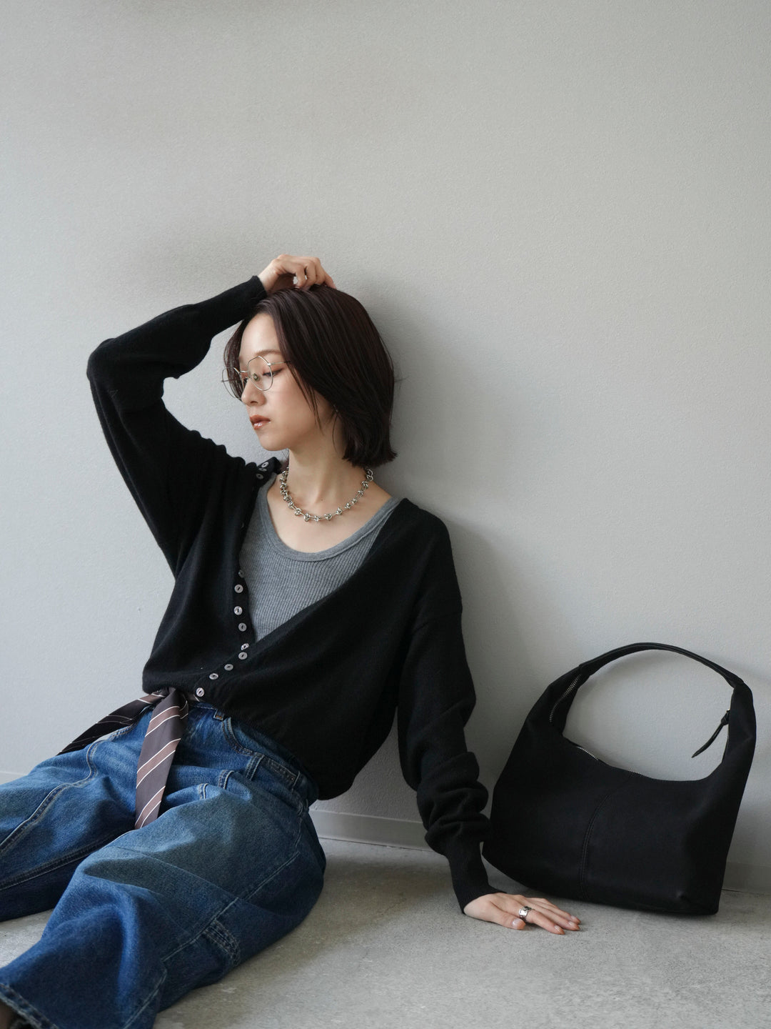 [予約]デザインボタンニットカーディガン＆タンクトップSET/ブラック