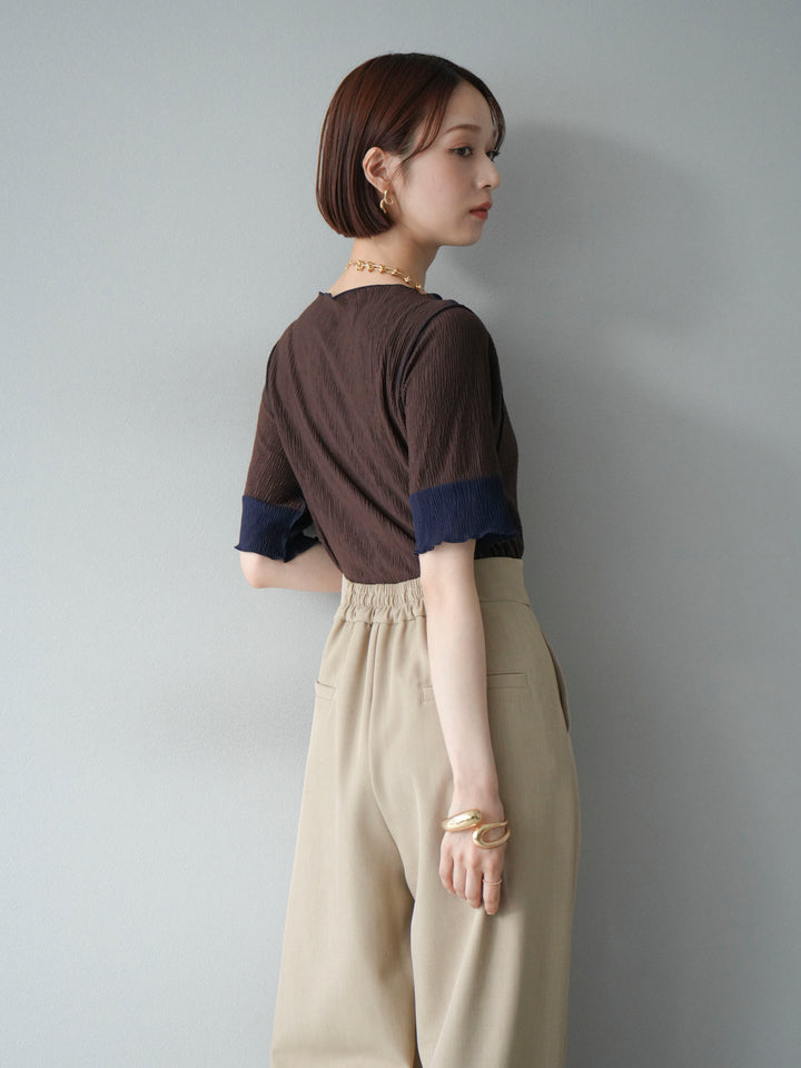 [SET] 百褶同色船領套頭衫 + 拉鍊褶襉寬褲 (2 套)
