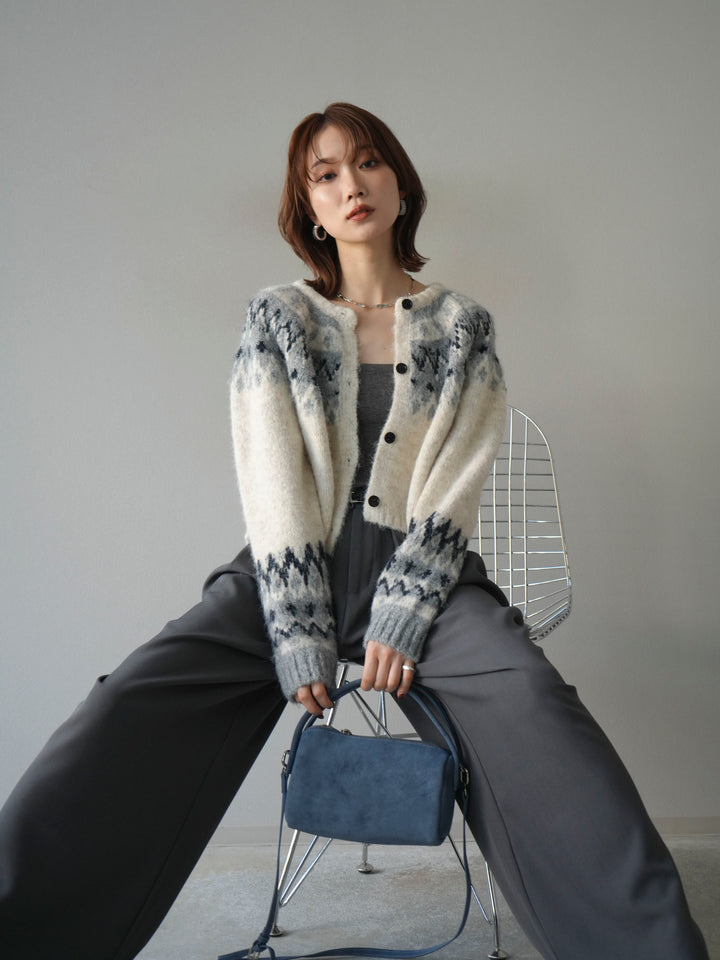 【着回しセット】[SET]求心柄クロップドニットカーディガン+異素材ミックスヤーンニットプルオーバー+ベルトループデザインワイドパンツ(3set)