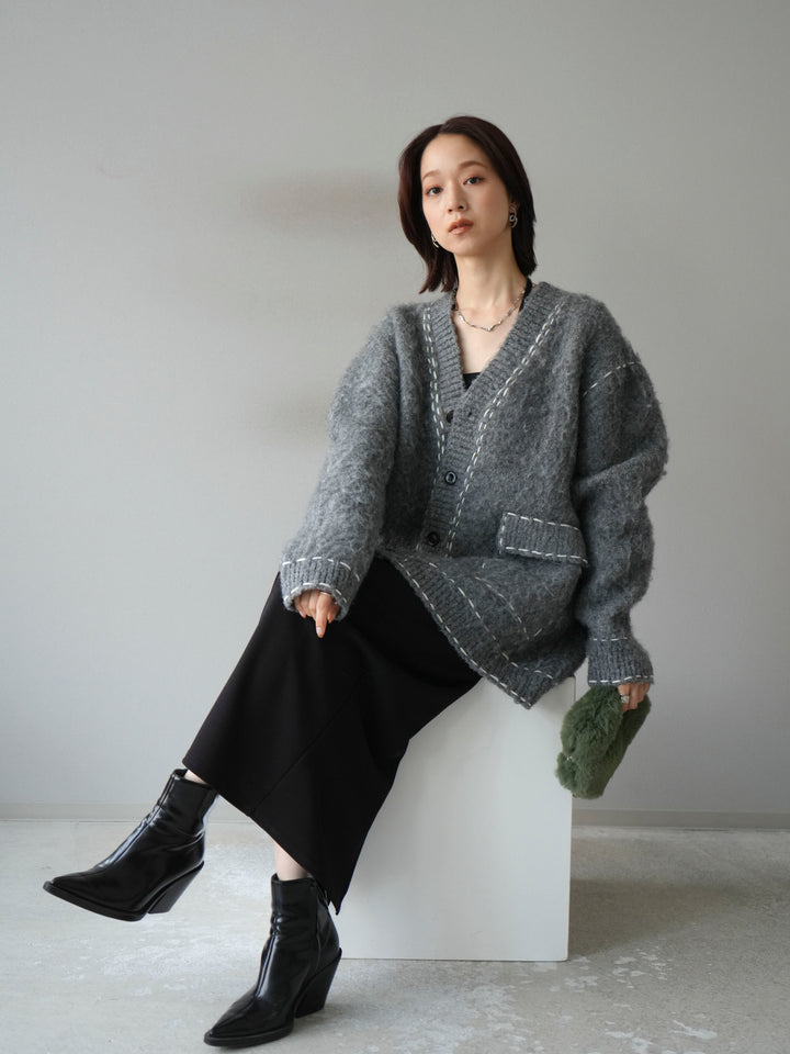 [予約]ステッチVネックニットカーディガン/グレー