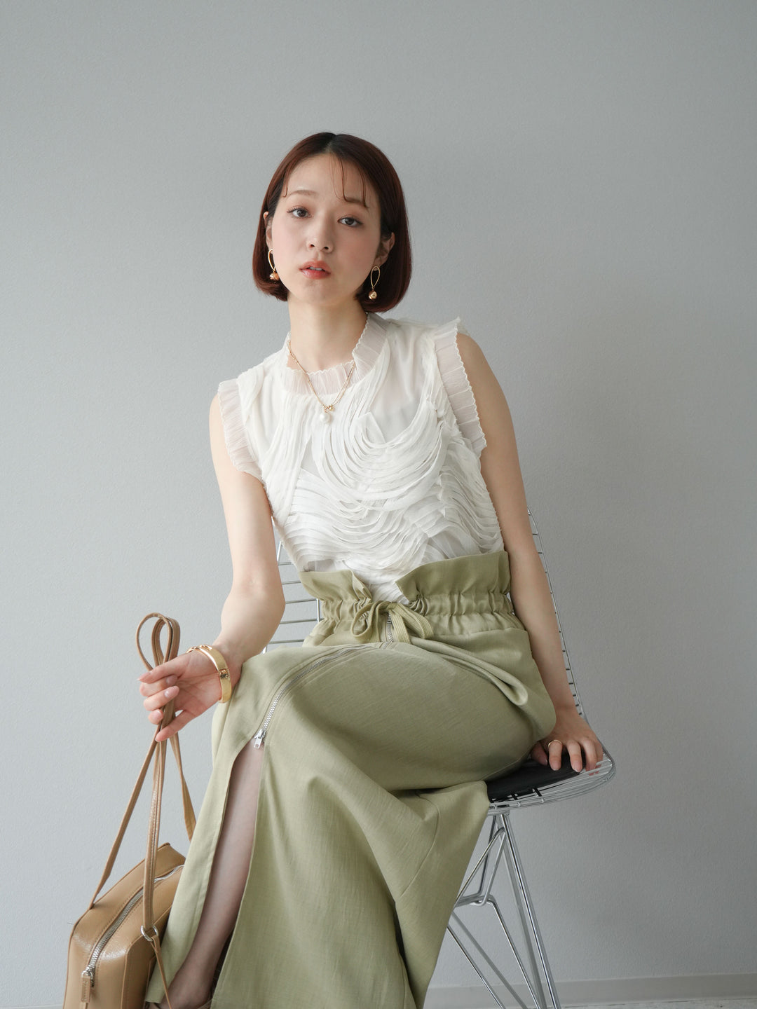 [SET]チュールジャガードノースリブラウス+ヘザーエステルギャザージップスカート(2set)