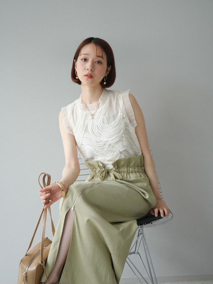 [SET]チュールジャガードノースリブラウス+ヘザーエステルギャザージップスカート(2set)