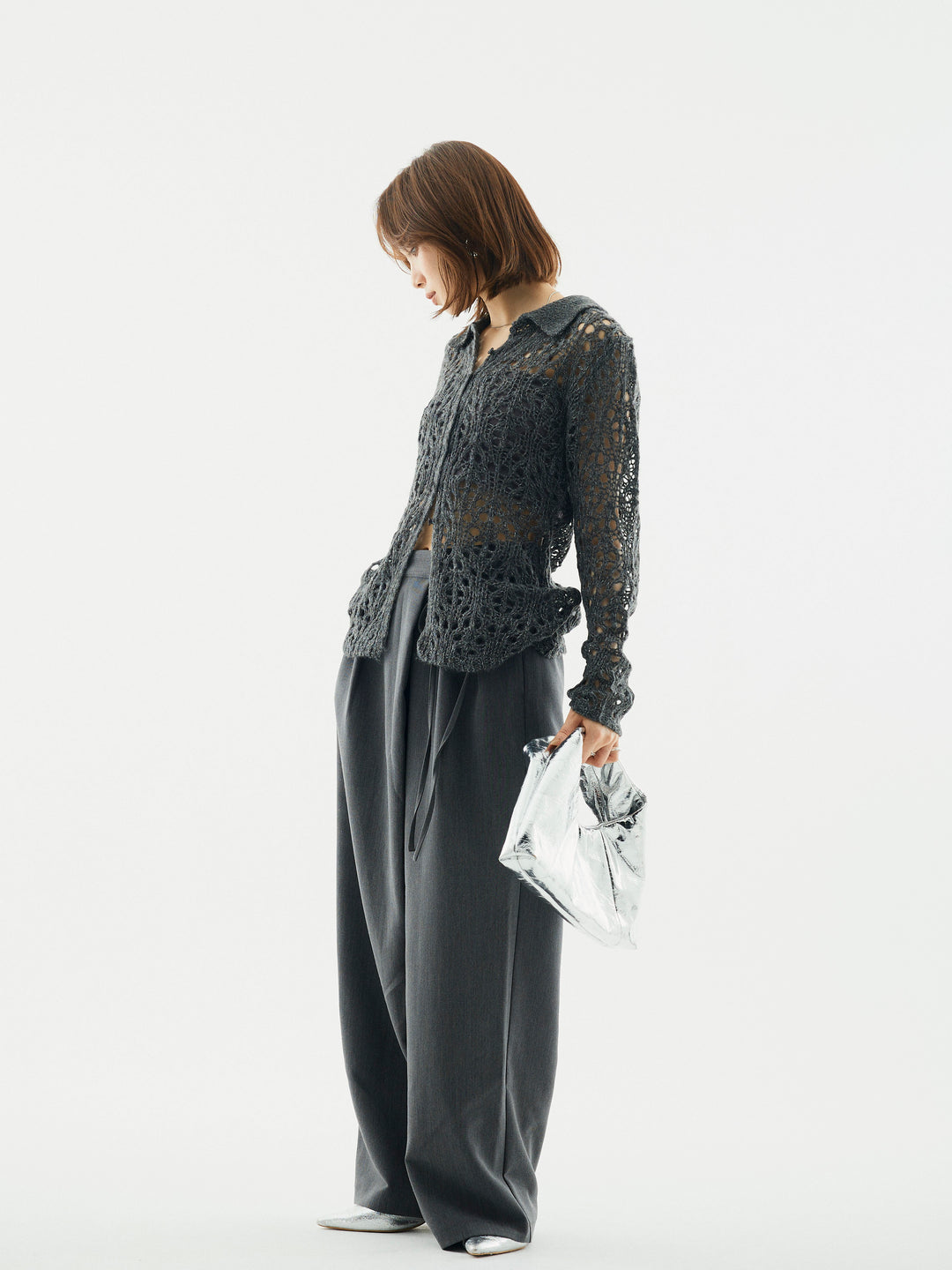 【Allure】[SET]ローゲージ透かし編みポロニッカーディガン+ラップデザインタックワイドパンツ(2set)
