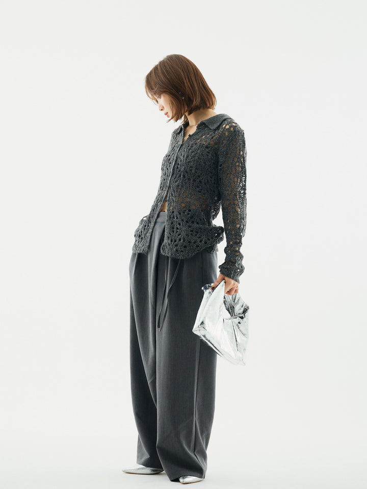 【Allure】[SET]ローゲージ透かし編みポロニッカーディガン+ラップデザインタックワイドパンツ(2set)