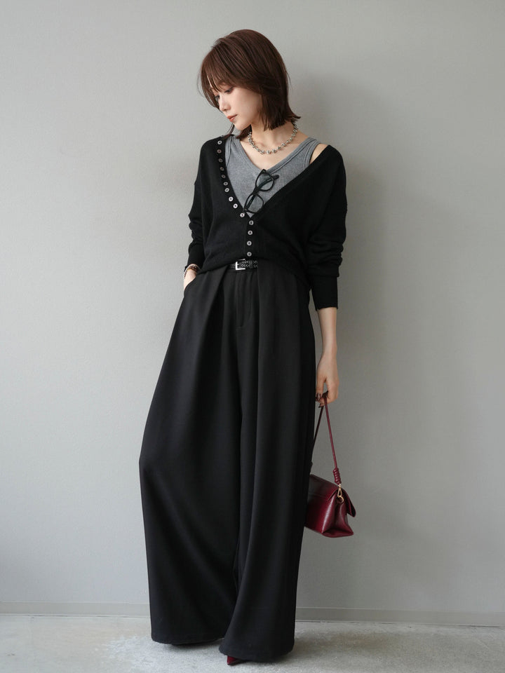 [SET]デザインボタンニットカーディガン＆タンクトップSET+ベルトループデザインワイドパンツ(2set)