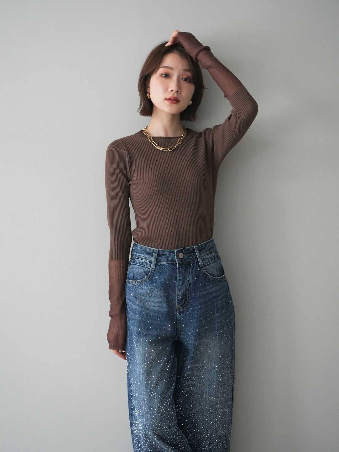 [SET]リブラメシアー切替リブニットトップス+ラインストーンカーブデニムパンツ(2set)