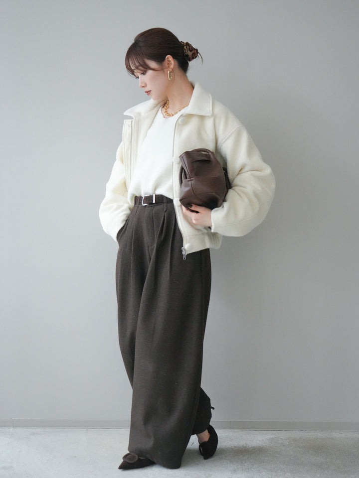 [SET]ウールライクフライトジャケット+シュシュ付きアンゴラタッチVネックニットプルオーバー+アニマル柄ベルト付きウールタッチワイドパンツ(3set)