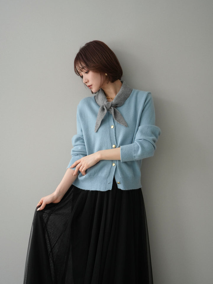 [予約]デザイン襟ニットカーディガン/blue