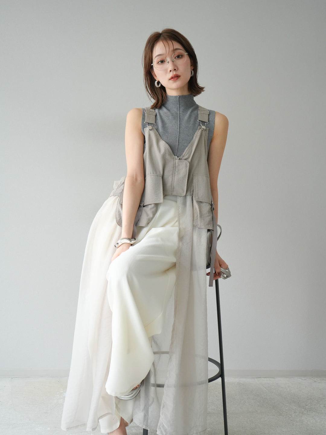 [SET] 戰術背心歐根紗洋裝 + 麻質寬鬆寬褲 (2 件套)