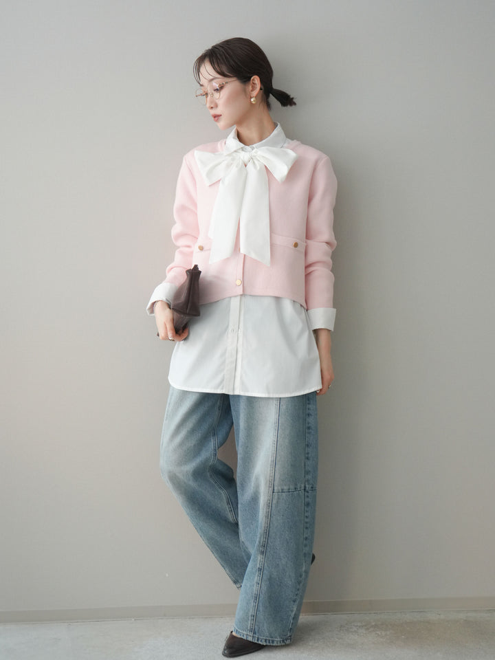 [SET]ゴールドボタンノーカラーニットジャケット+ガーメントウォッシュカーブデニムパンツ(2set)