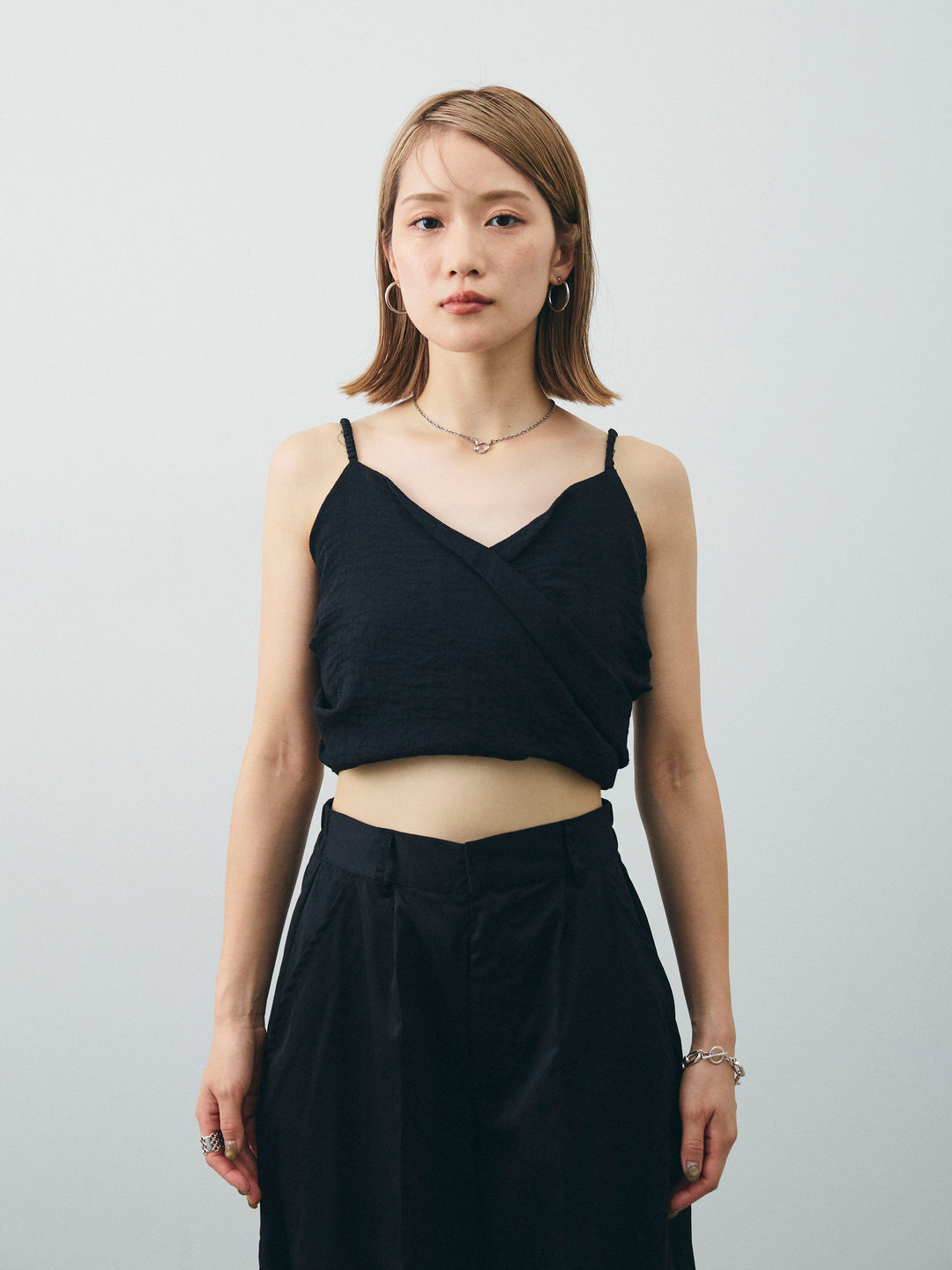 [予約]リネンライクカシュクールデザインビスチェ/ブラック