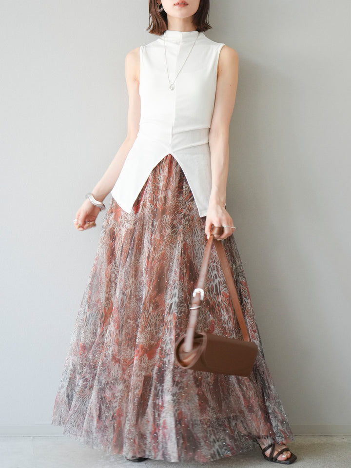 [予約]ニュアンス柄チュールレイヤードプリーツスカート/ブラウン