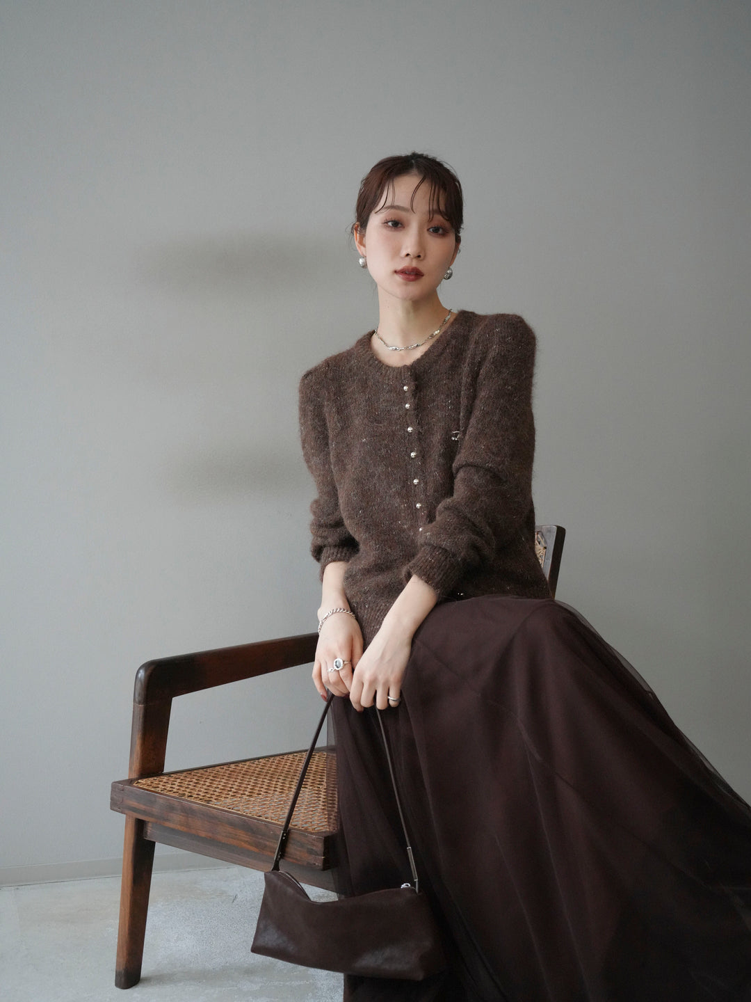 [予約]ブローチ付silverボタンミックスニットカーディガン/brown