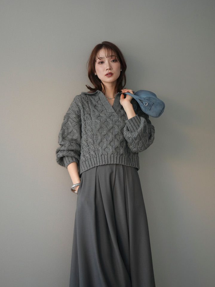 [SET]バルキーケーブルクロップド開襟プルオーバー+テープベルトタックバギーパンツ(2set)