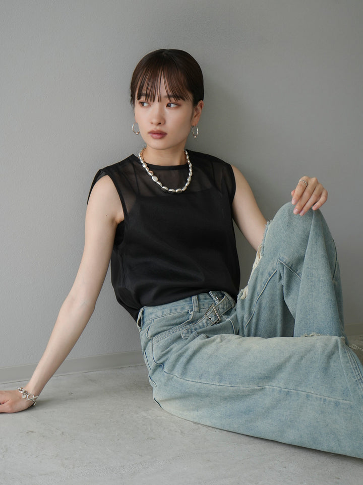 [SET] Organdy sleeveless top + belt asymmetrical damaged denim (2set)