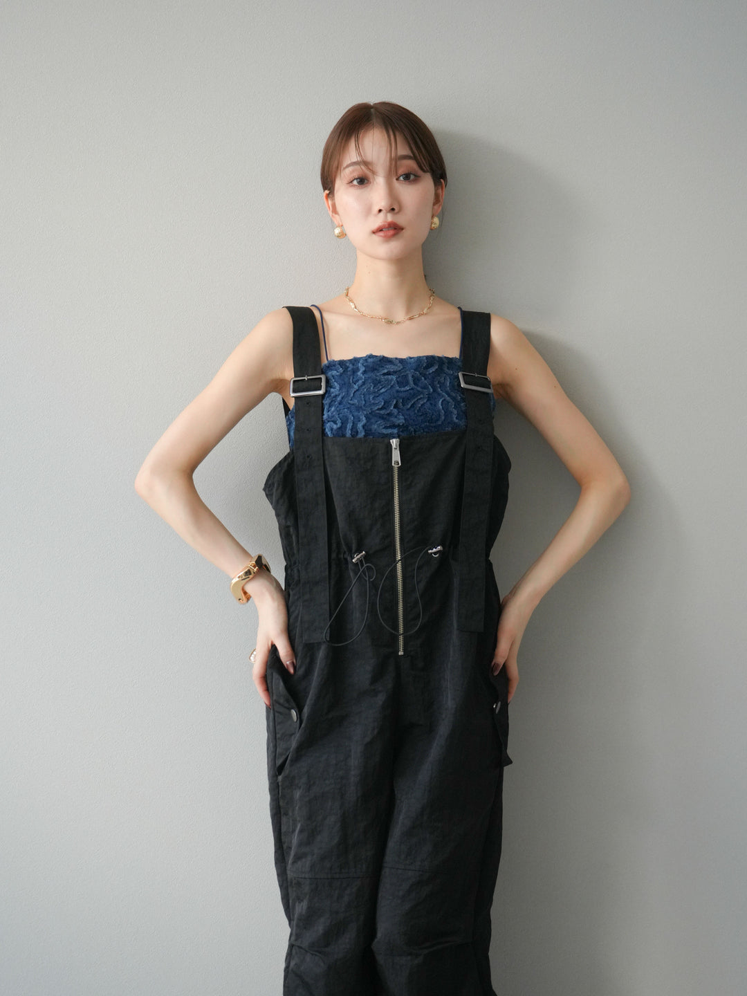 [予約]ナイロンタックデザインサロペット/ブラック