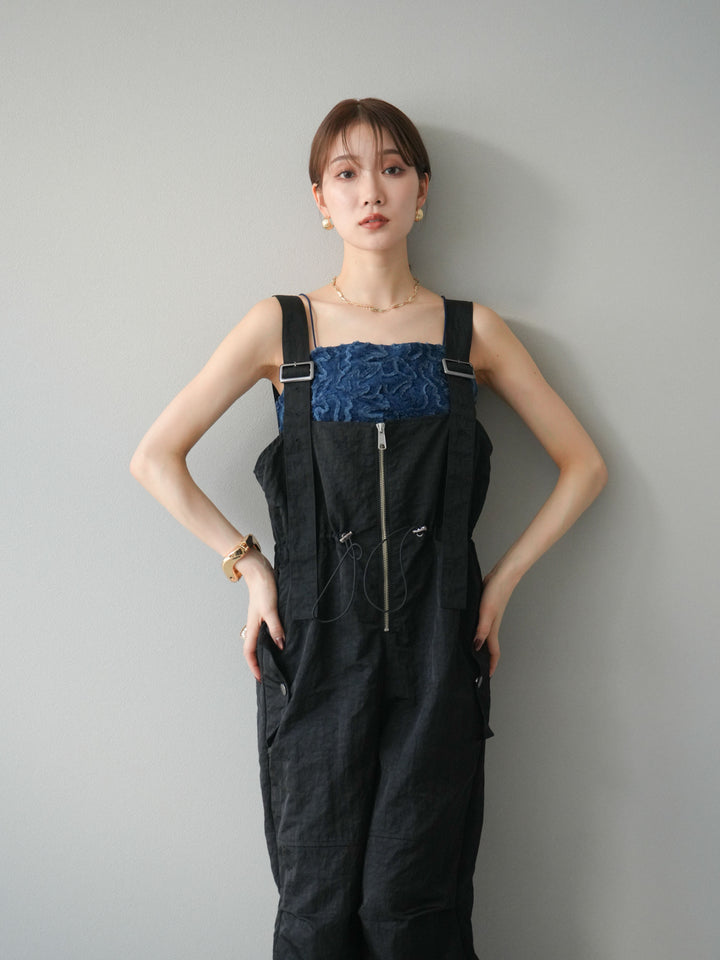 [予約]ナイロンタックデザインサロペット/ブラック