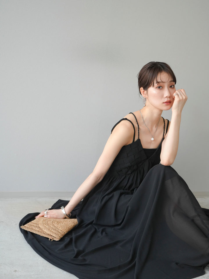 [SET]編み込みデザインシフォンワンピース+カップ付テレコリブベアキャミソール(2set)