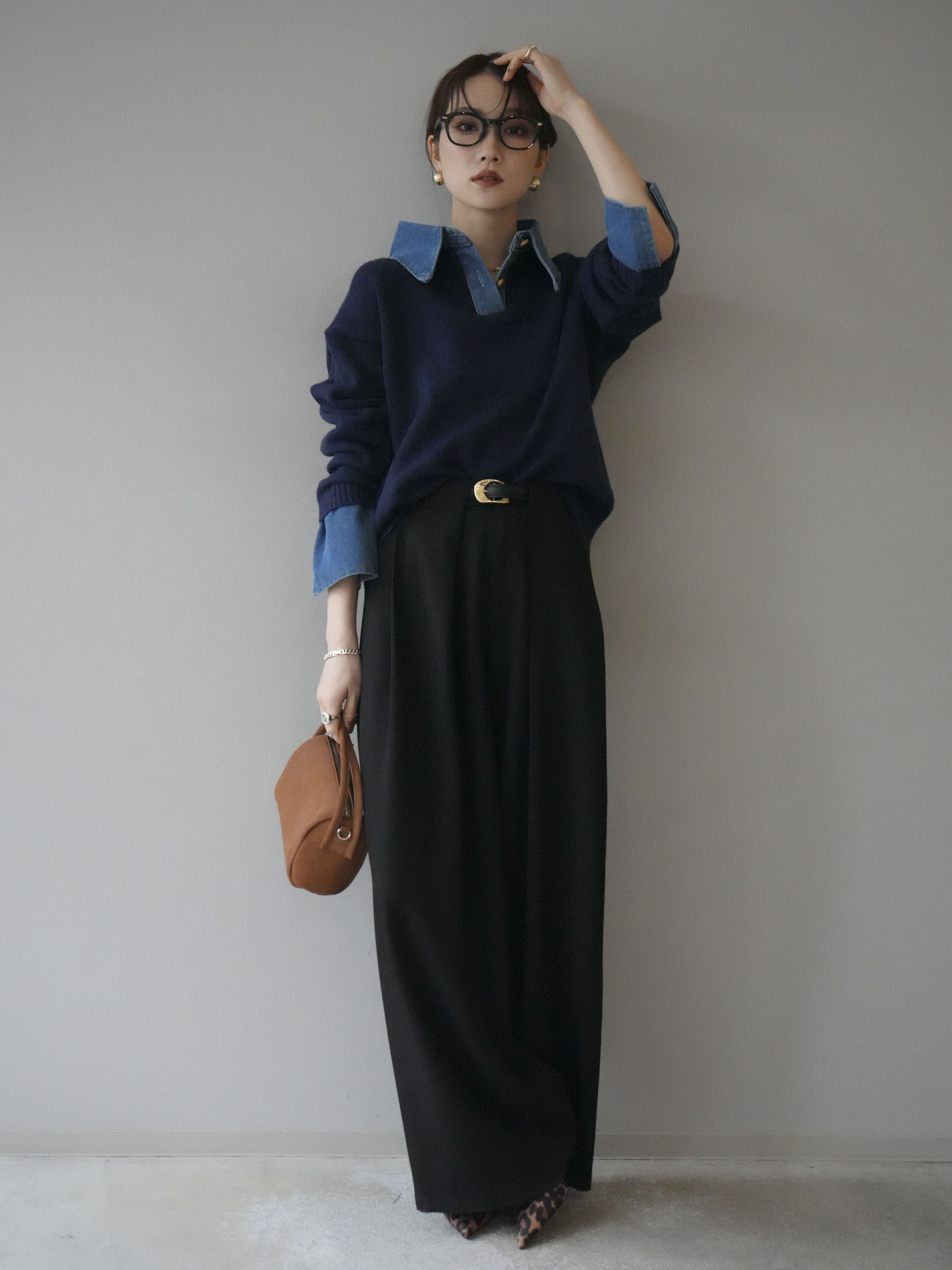 SET]デニム襟ポロニットプルオーバー+ベルトループデザインワイド