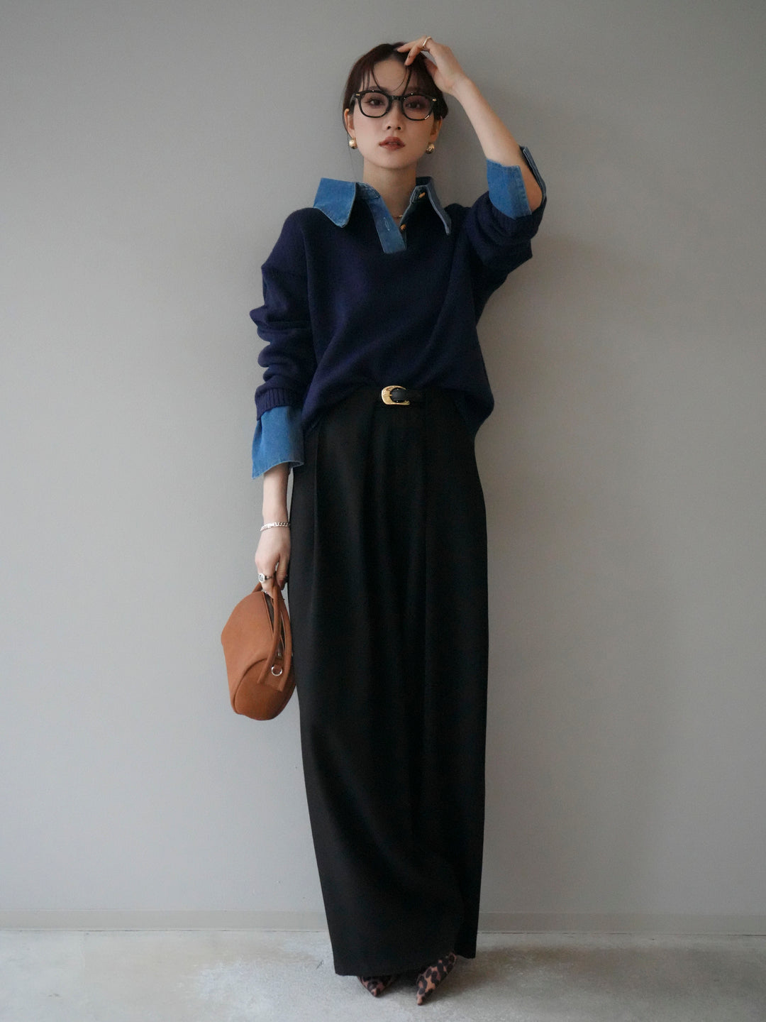 [SET]デニム襟ポロニットプルオーバー+ベルトループデザインワイドパンツ(2set)