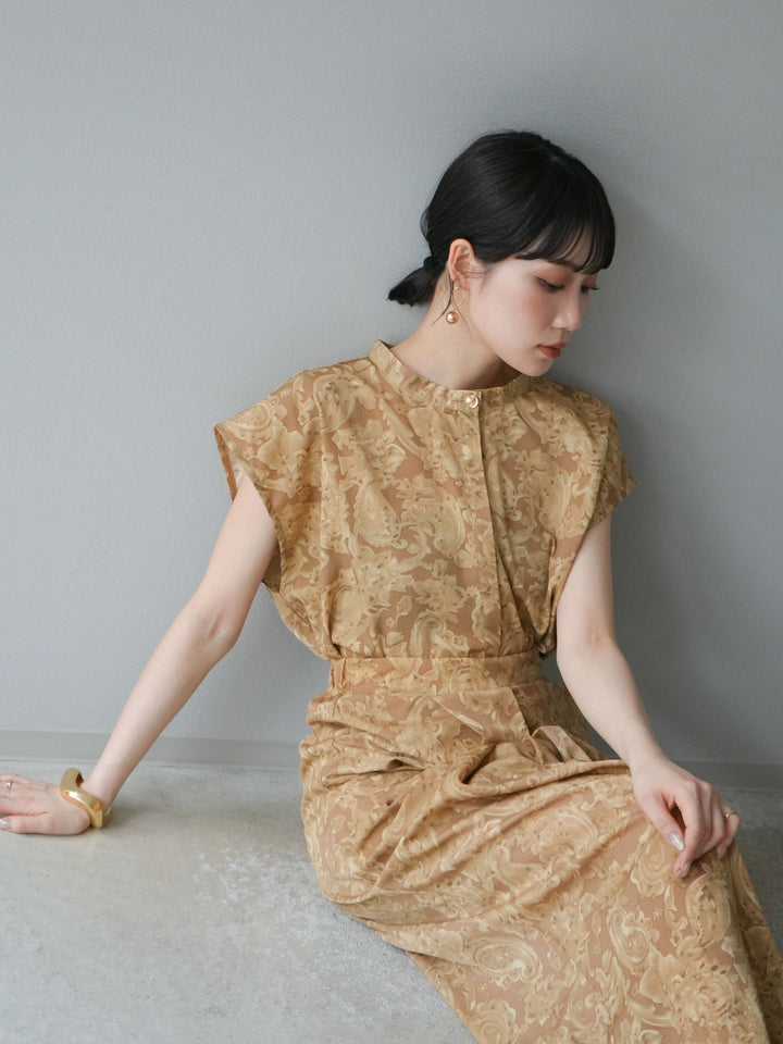 [SET]ペイズリープリントゴールドボタンブラウス+ペイズリープリントタックIラインスカート(2set)