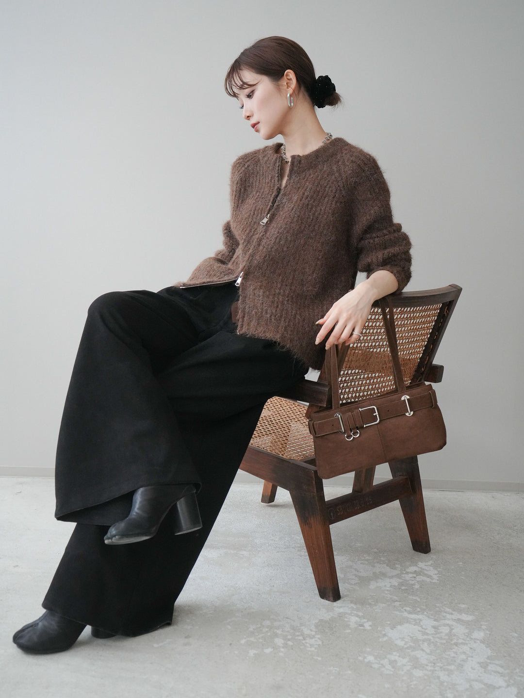 [予約]MIXヤーンモヘアタッチZIPニットカーディガン/brown