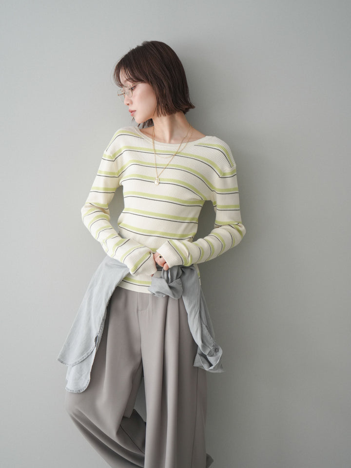 [予約]バックオープンテレコリブマルチボーダートップス/ivory