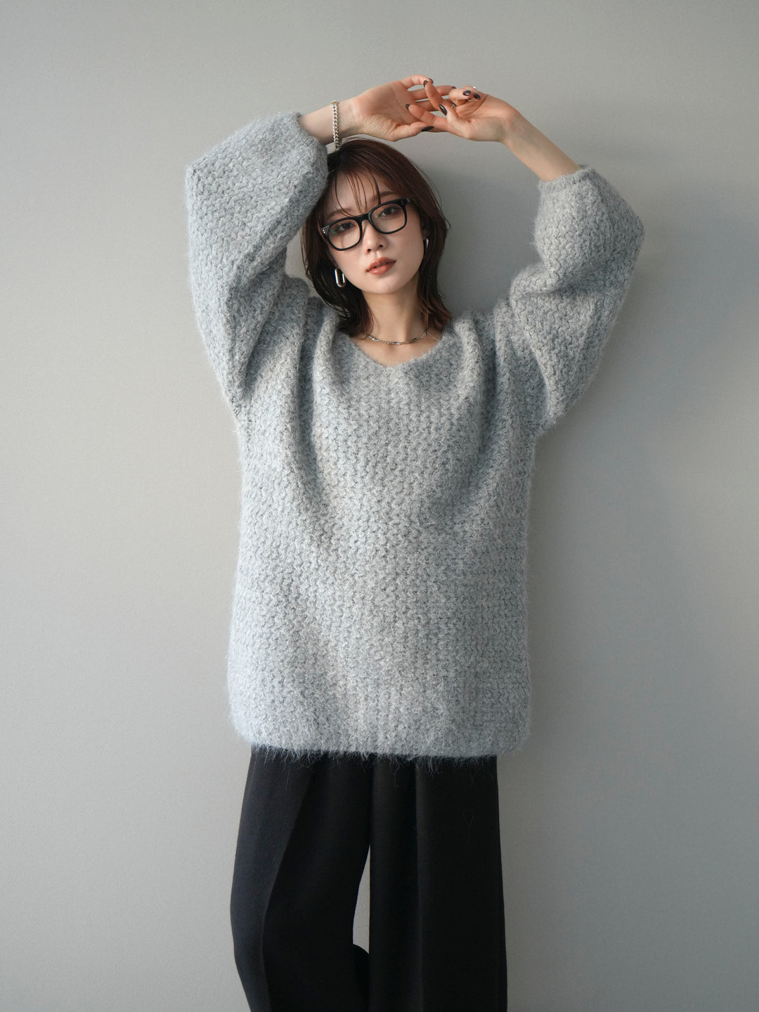 [予約]ウールタッチラメミックスヤーンVネックニットプルオーバー/lightgray