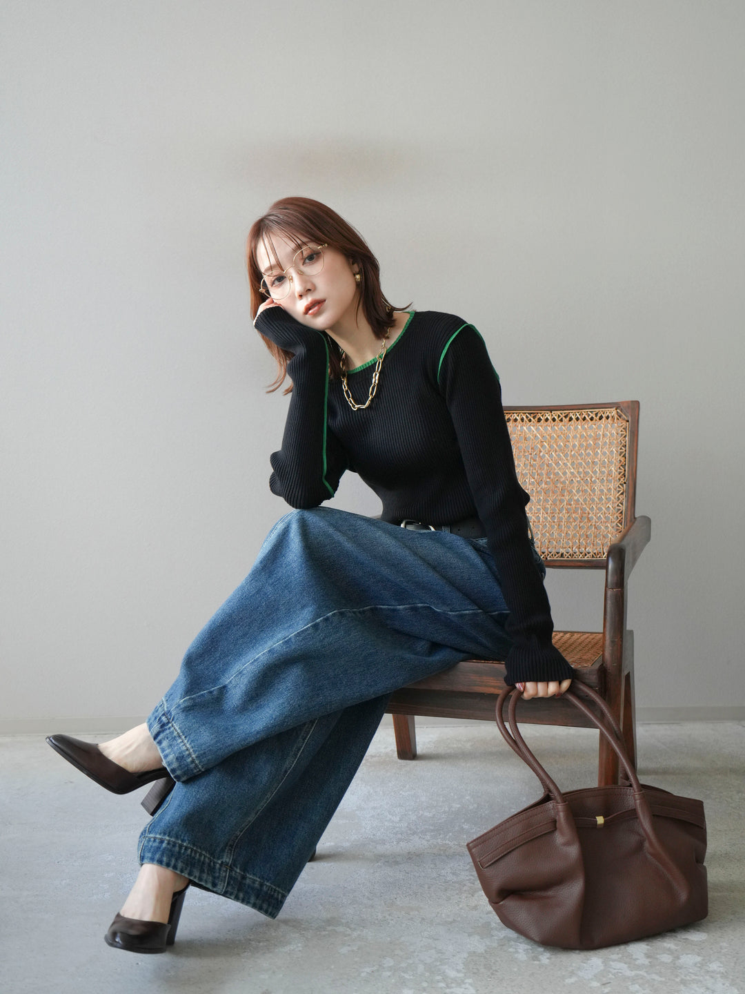 [予約]バイカラークルーネックリブニットトップス/black